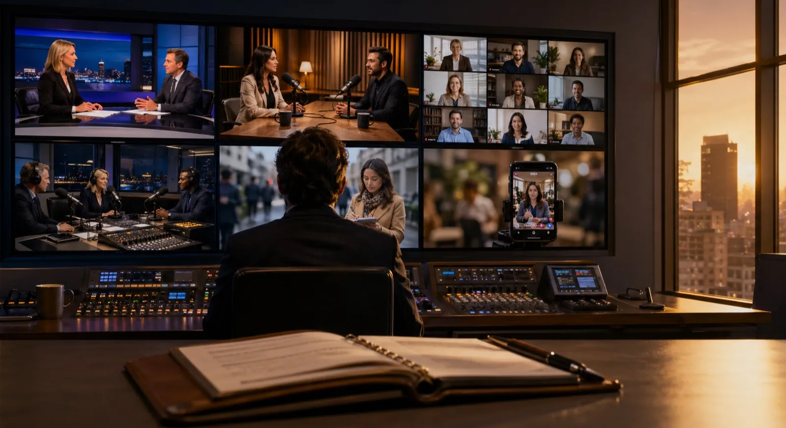 A television control room where a producer decides which feeds and statements make it into a broadcast