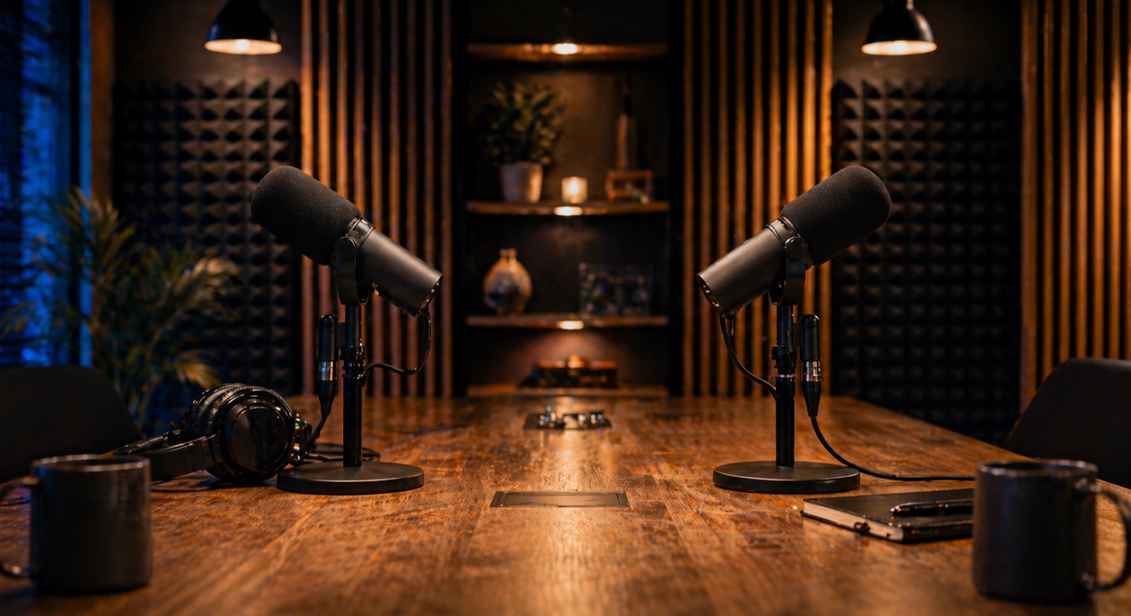 Modern podcast recording studio with two cardioid microphones