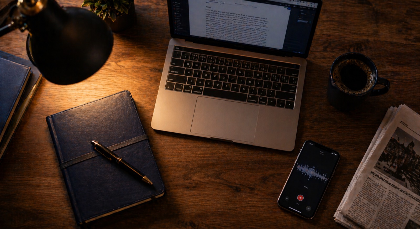Modern journalist's workspace with laptop, notebook, and recorder