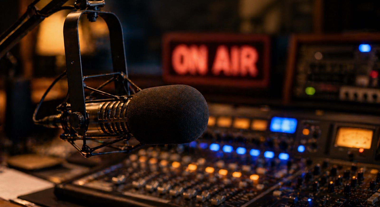 Radio broadcast microphone with on-air sign in background