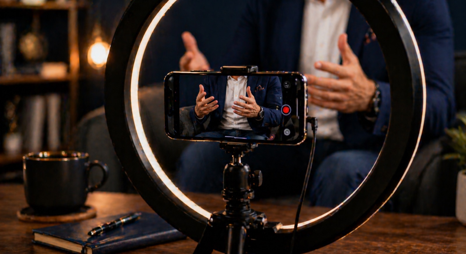 Smartphone on ring-light tripod recording a live interview