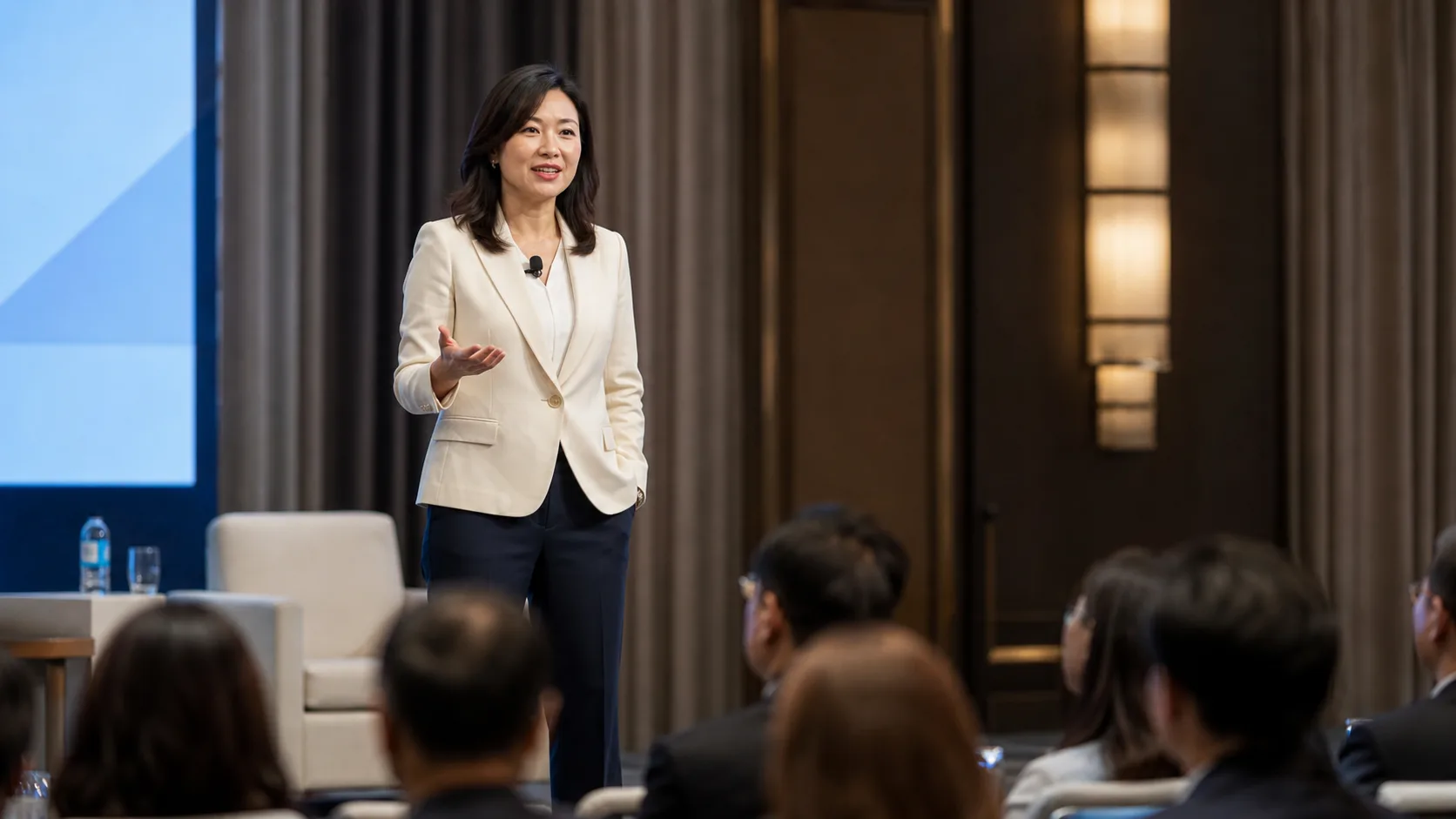 Professional woman presenting to audience in modern conference venue.