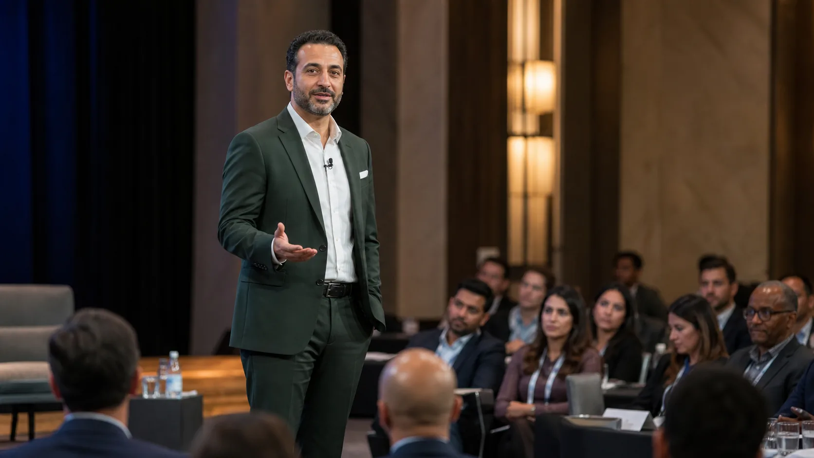 Male presenter delivers keynote speech to seated audience in conference setting.