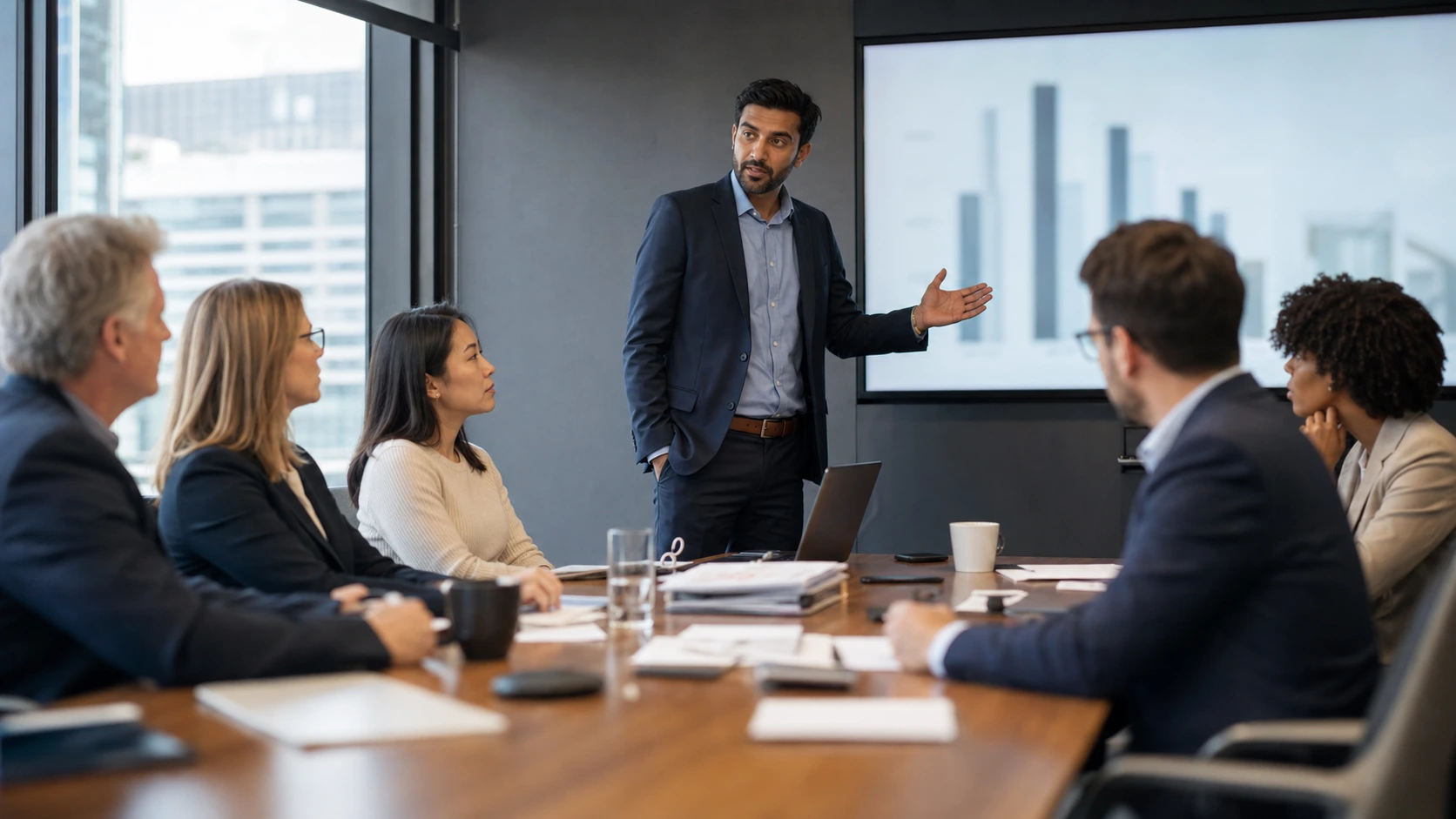 A room of executives sitting unconvinced as a presenter shows a slide full of data
