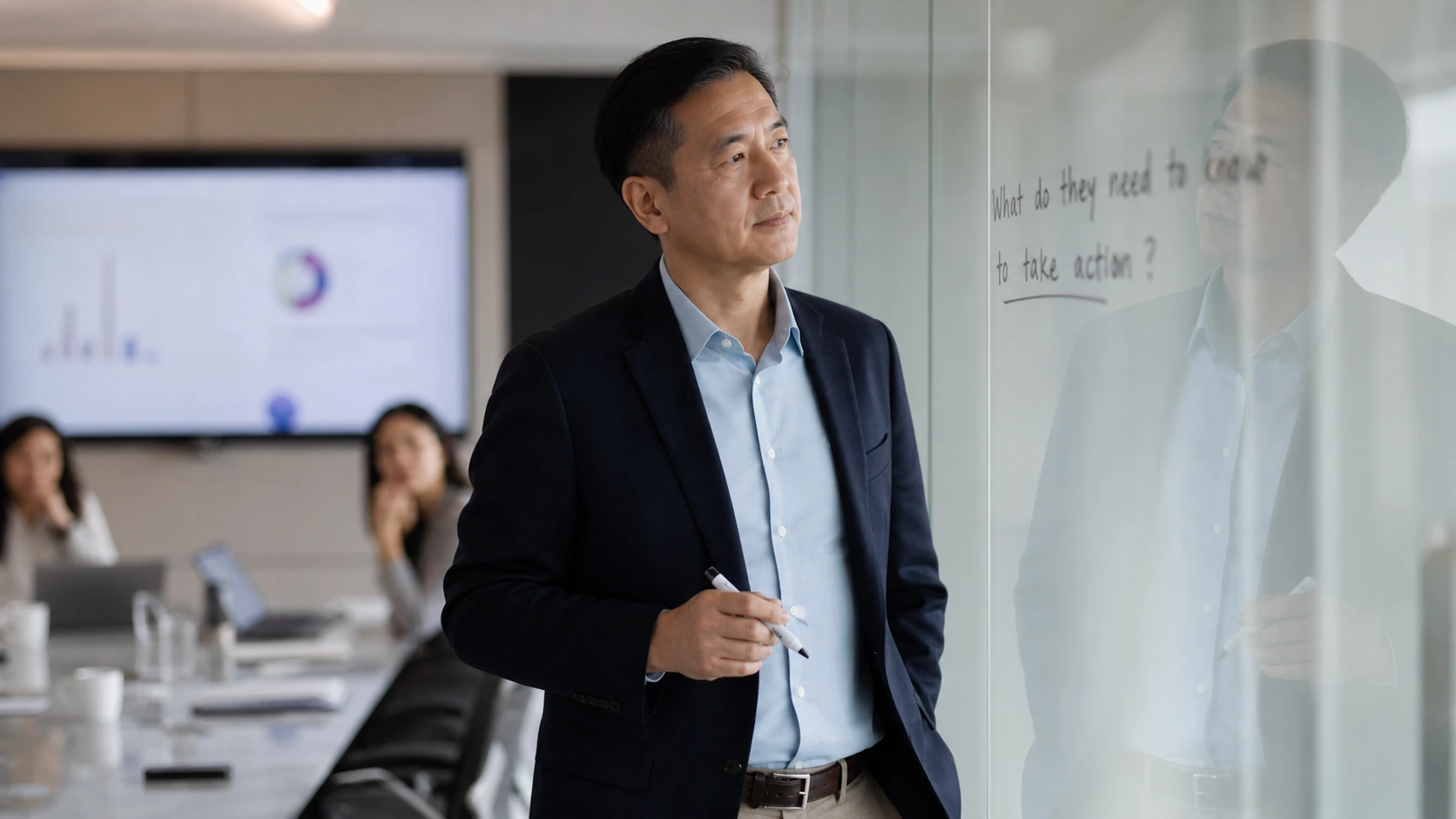 Executive standing beside a screen showing a single large number while a leadership team looks on