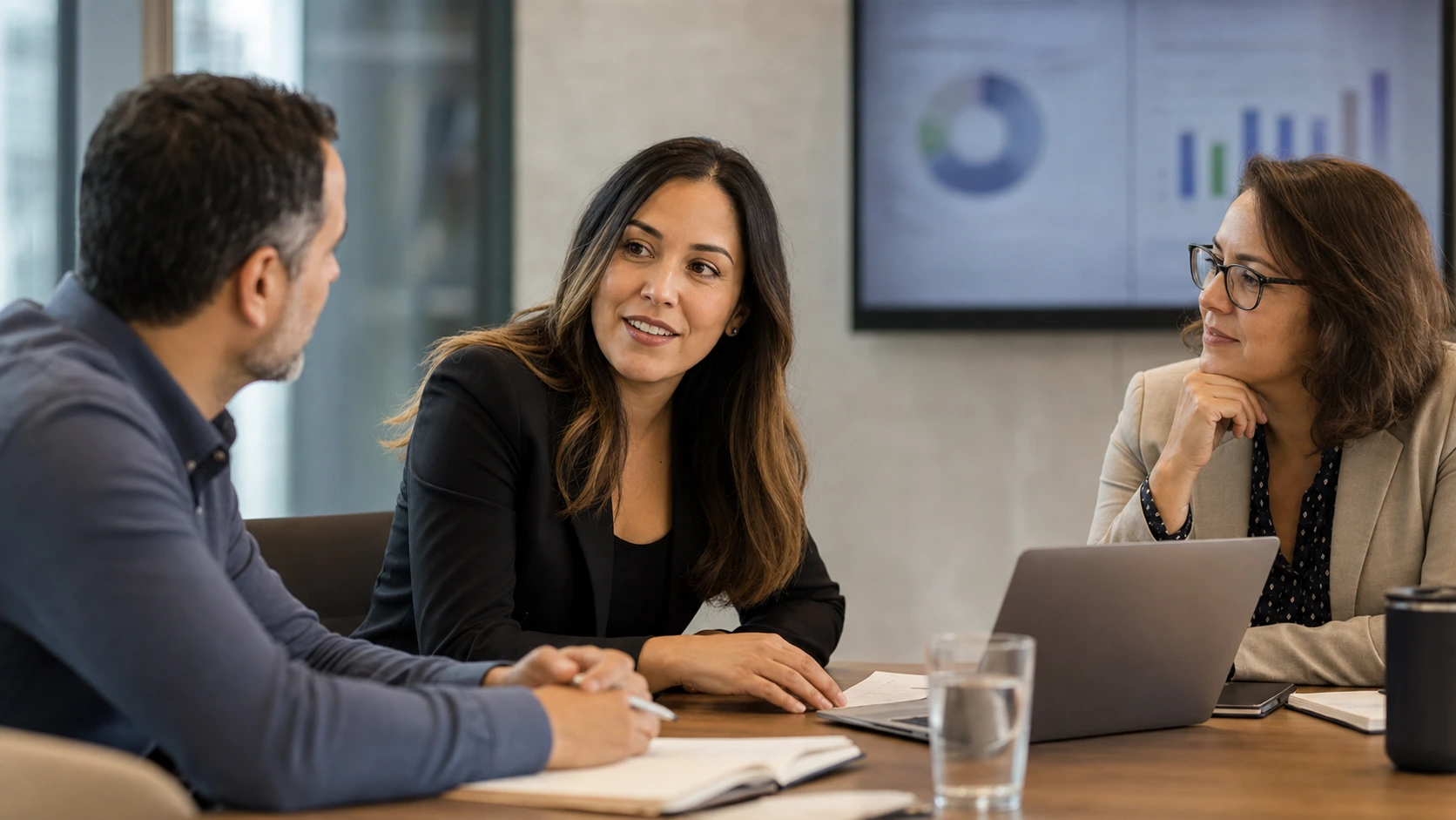 An executive at a boardroom table pausing on a single chart, translating the number into a human consequence