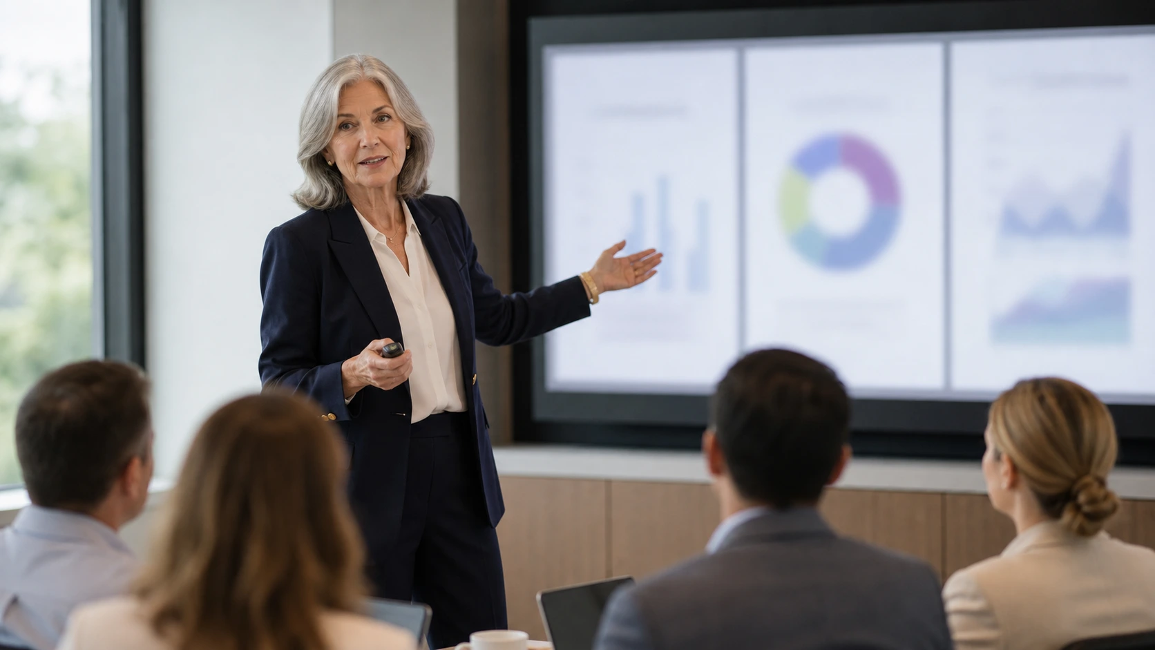 Executive presenting a single chart to a boardroom while the audience leans in