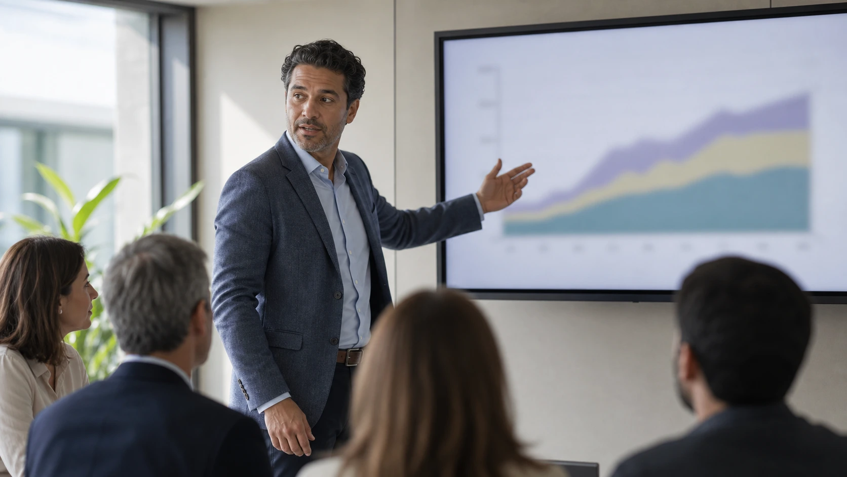 Presenter choosing between chart options displayed on a boardroom wall