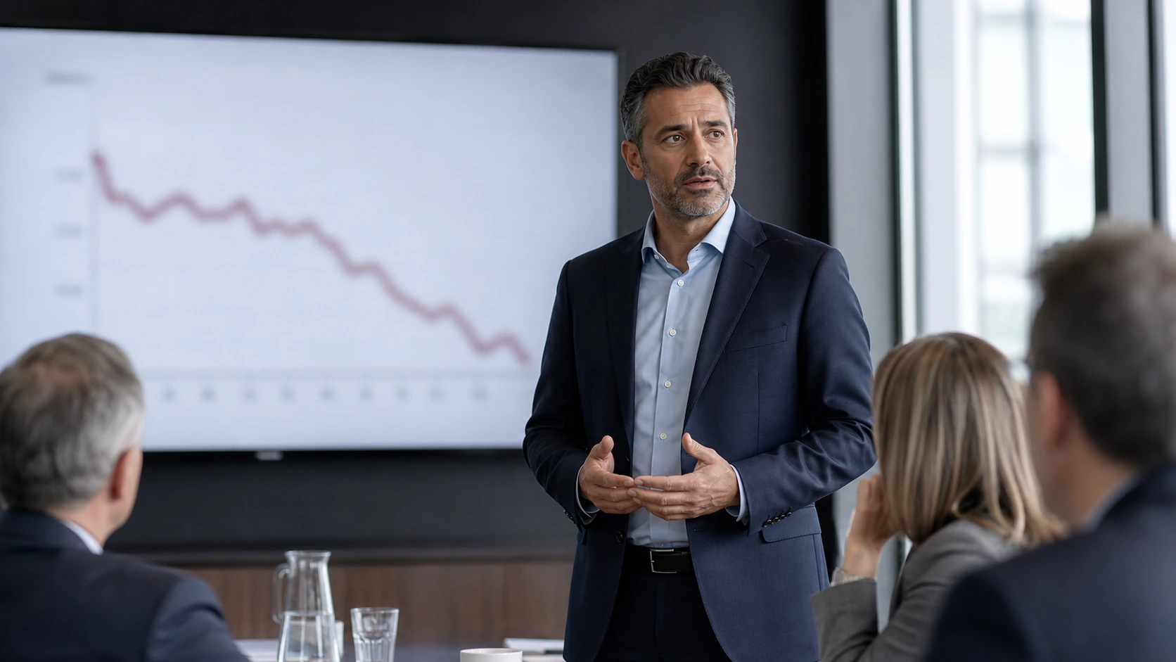 An executive standing in front of a falling trend line, explaining bad numbers to a seated boardroom