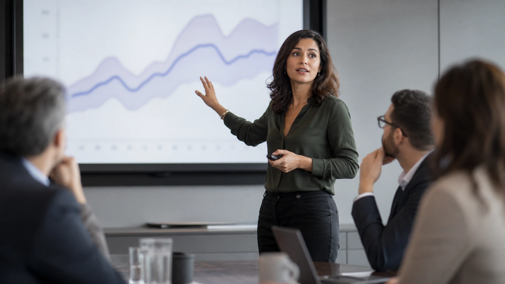A presenter gesturing at a chart with a shaded uncertainty band while executives listen