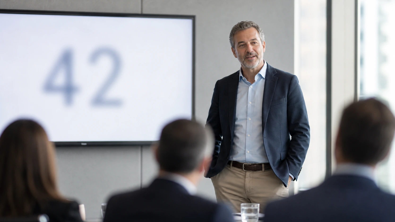 Minimal presentation slide showing a single large number to a boardroom audience