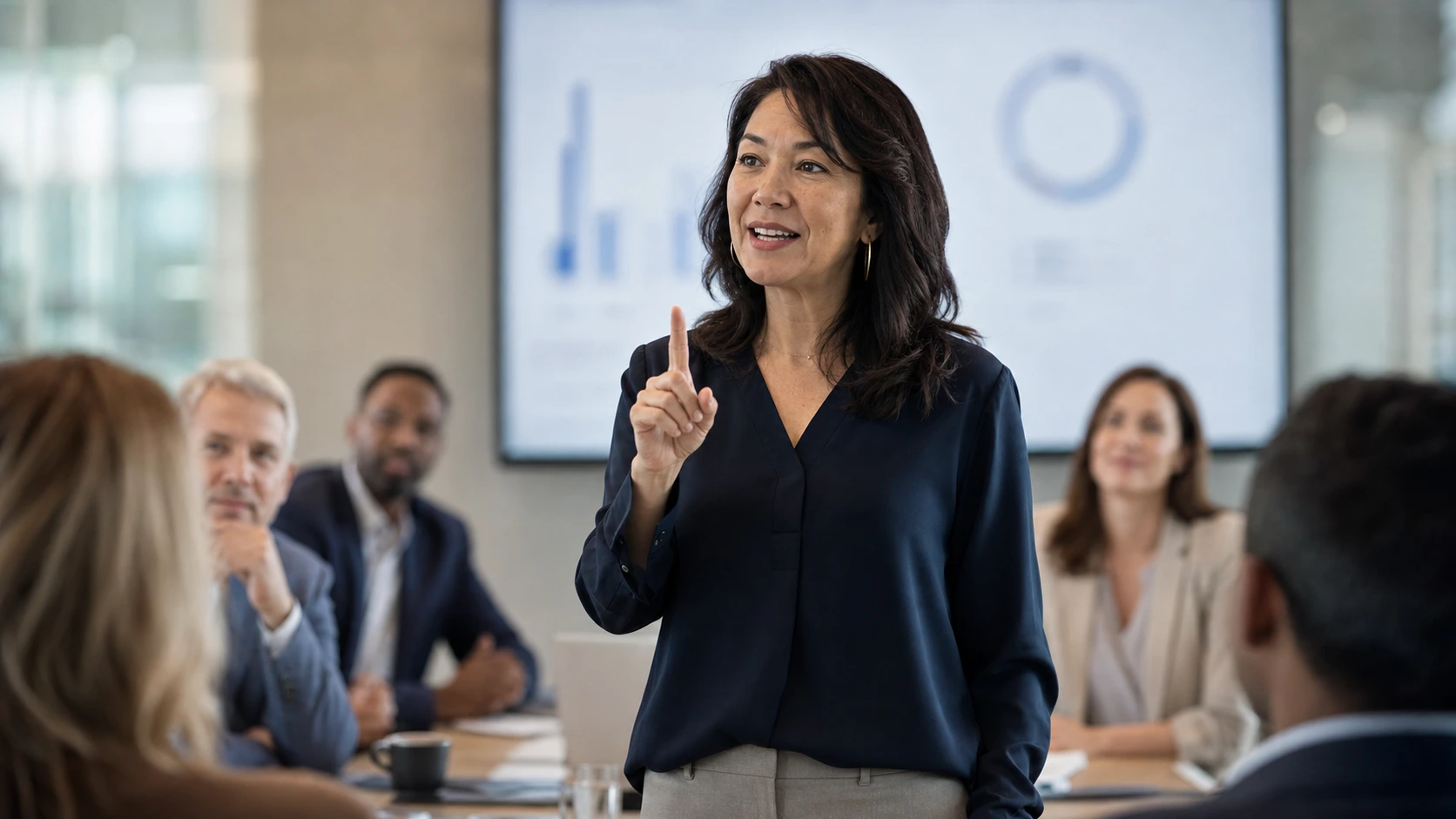 A presenter raising one finger to land a single point, charts on the screen behind her