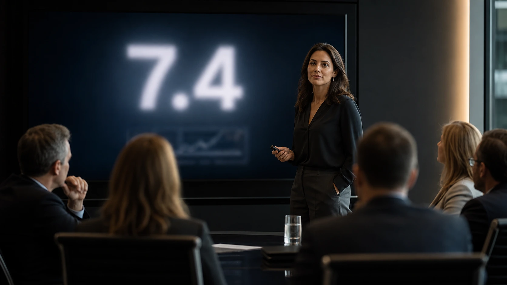 One large number alone on a dark screen as a presenter delivers it to a boardroom
