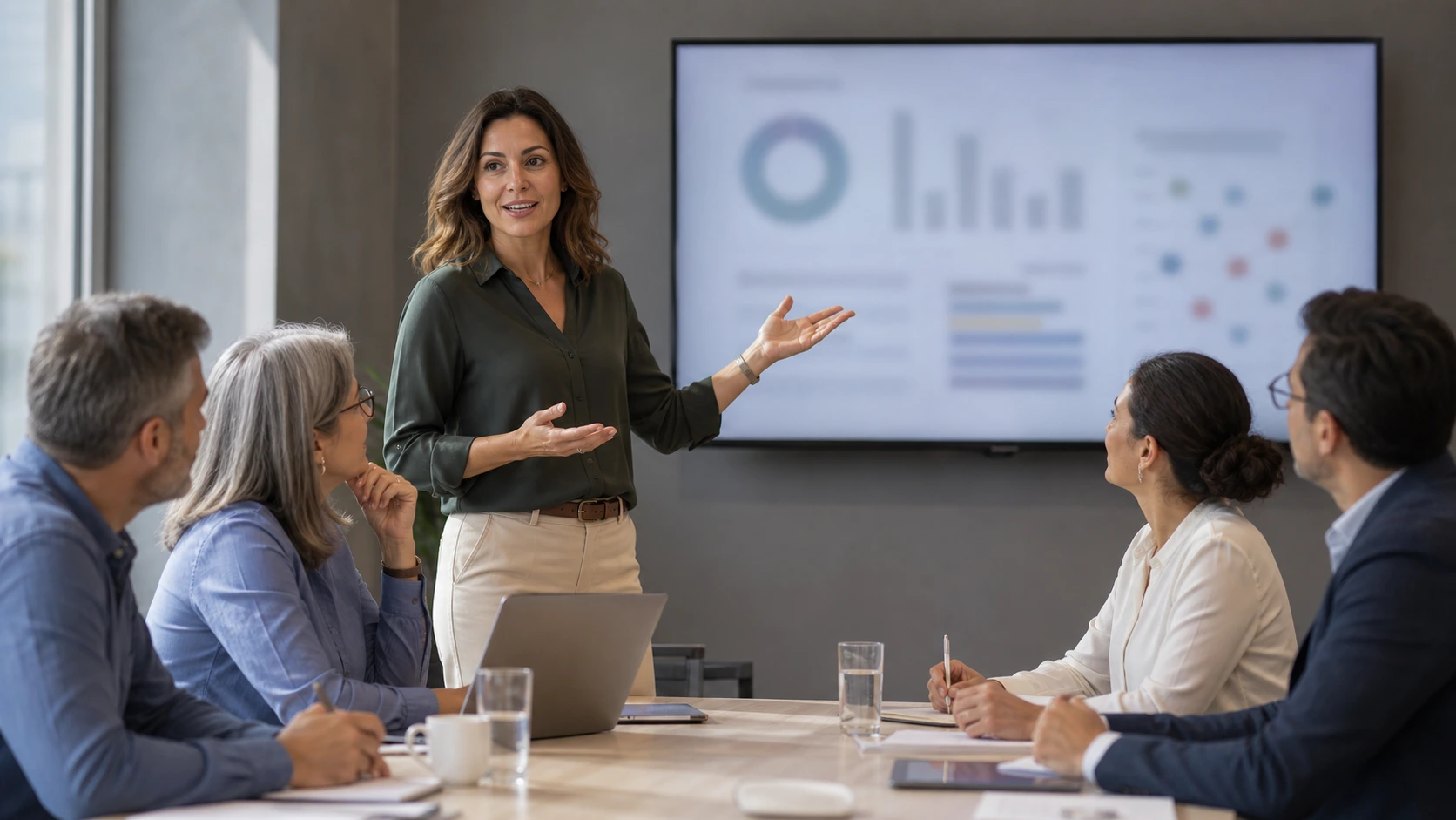 A presenter explaining technical findings to a seated group of colleagues in a conference room