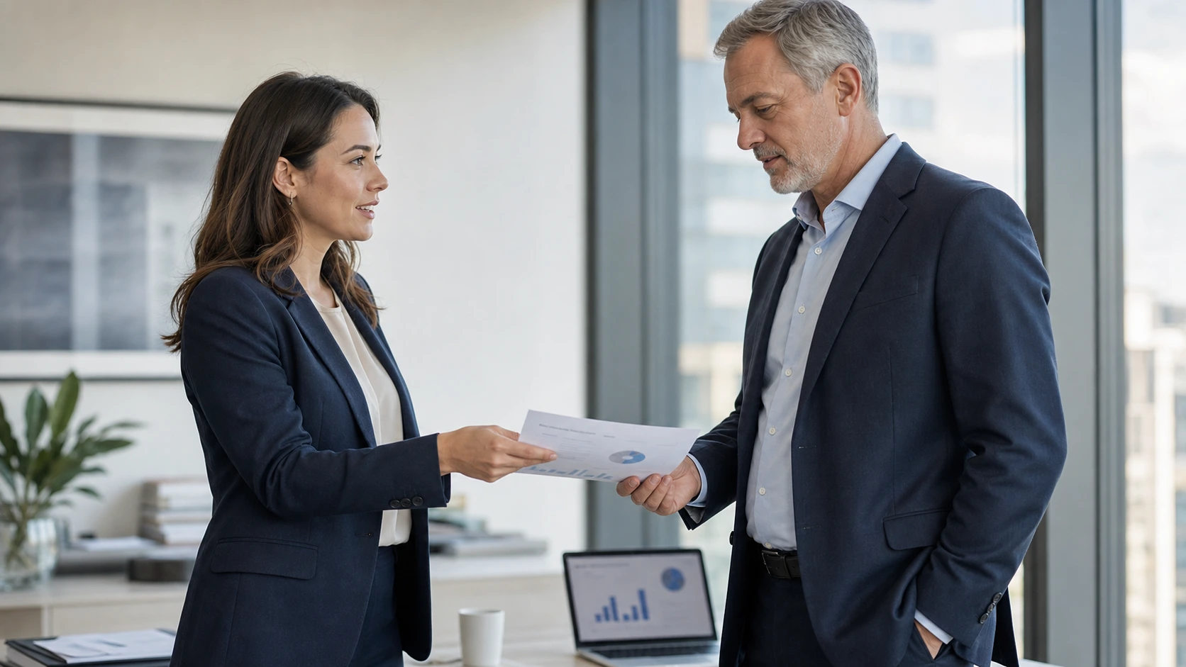 A manager handing a senior executive a single page brief carrying one chart
