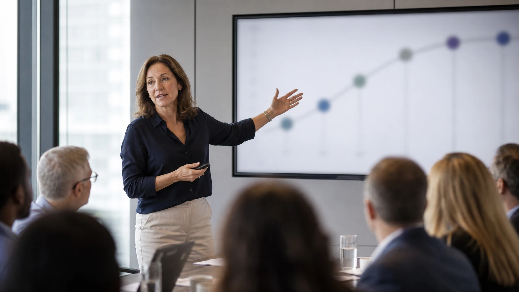 A presenter tracing a curve across connected data points on screen for a seated audience