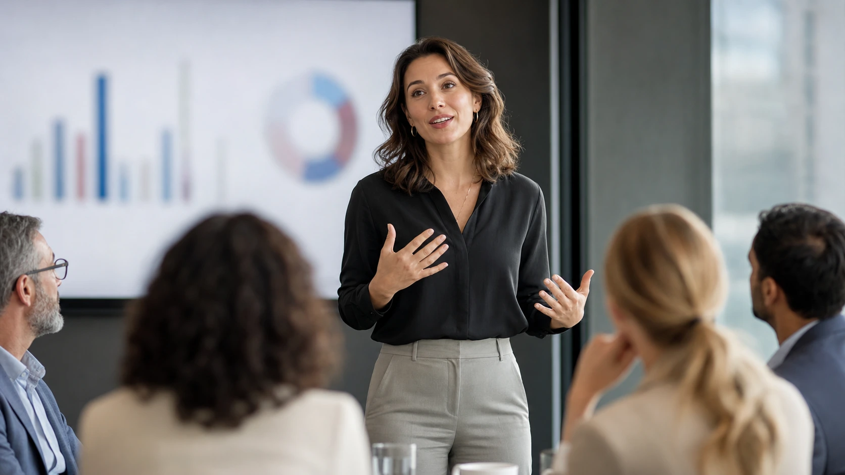 A presenter speaking with open hands to a small seated group, bar and donut charts behind her