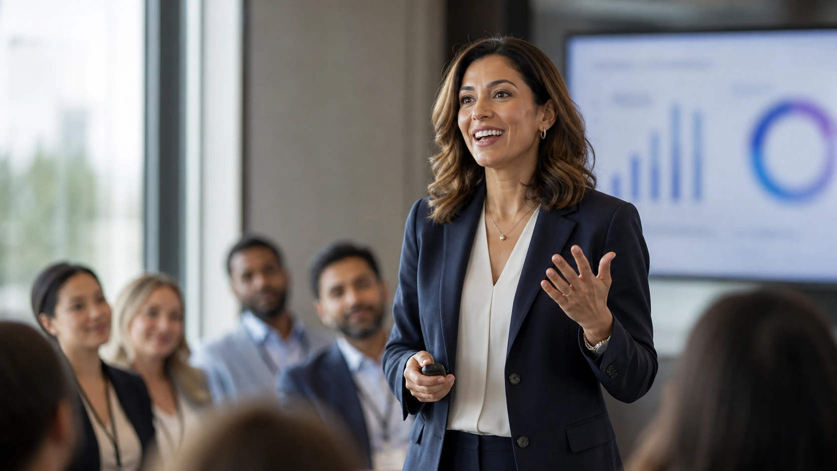 Speaker opening with an unexpected hook to an engaged audience in a conference room