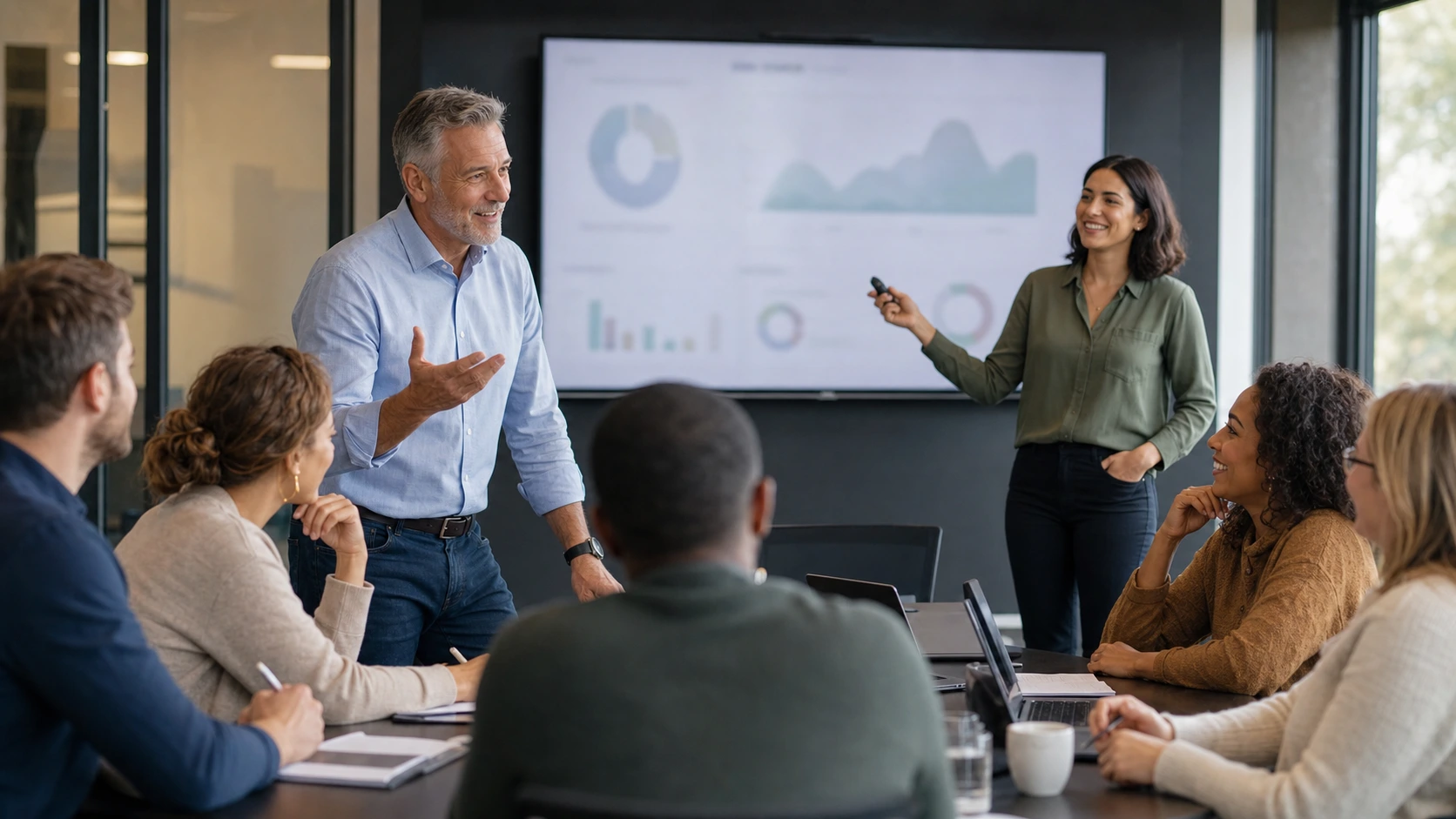A data storytelling workshop in progress, two facilitators at a dashboard screen with a seated group