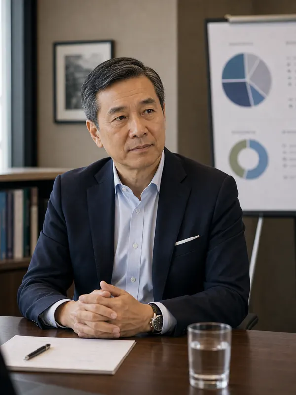 An executive at his desk in front of a pie chart presentation board, closing a conversation with a clear ask
