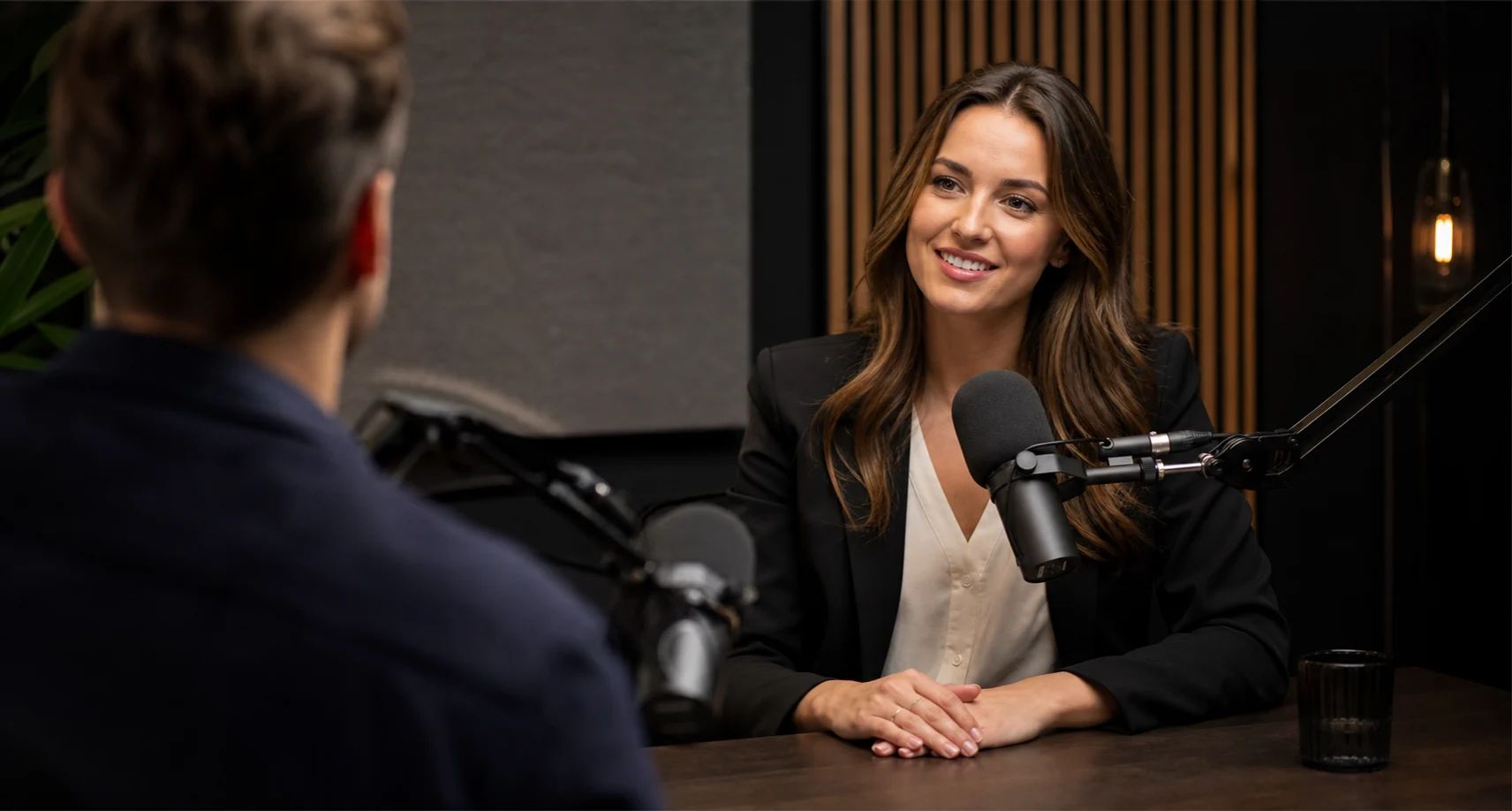Two people facing each other across a table with a studio microphone, representing an audio interview conversation