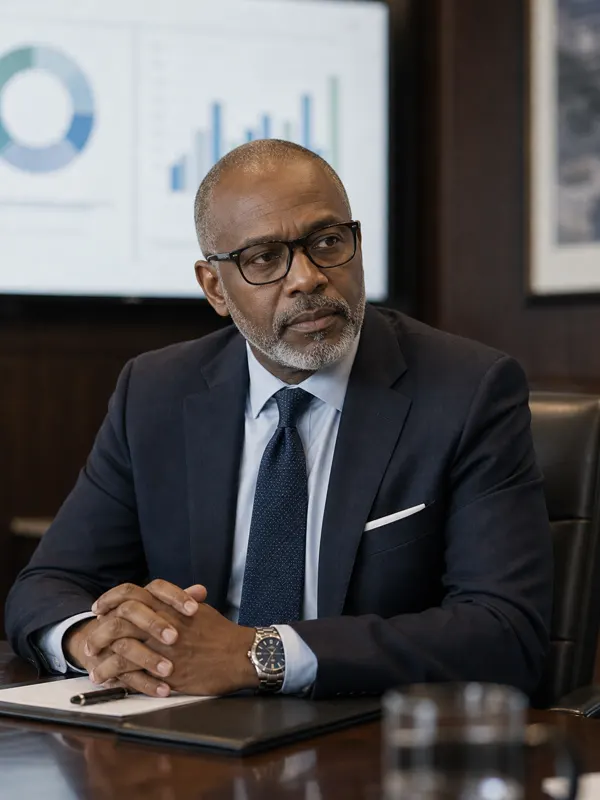 A board member seated at the conference table, working out the question he is about to ask