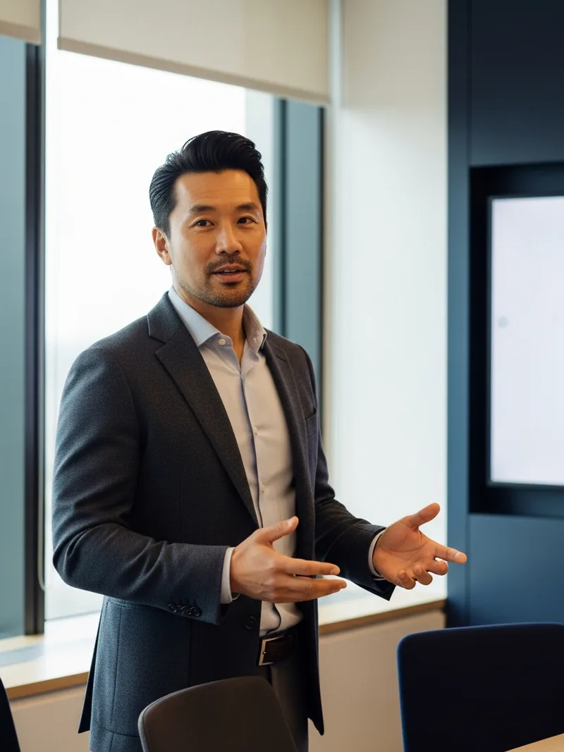 A senior executive rehearses a high-stakes presentation with a coach during an executive presentation training session in a boardroom