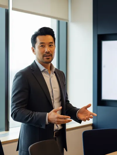 Biracial male executive reviewing presentation notes during boardroom preparation coaching