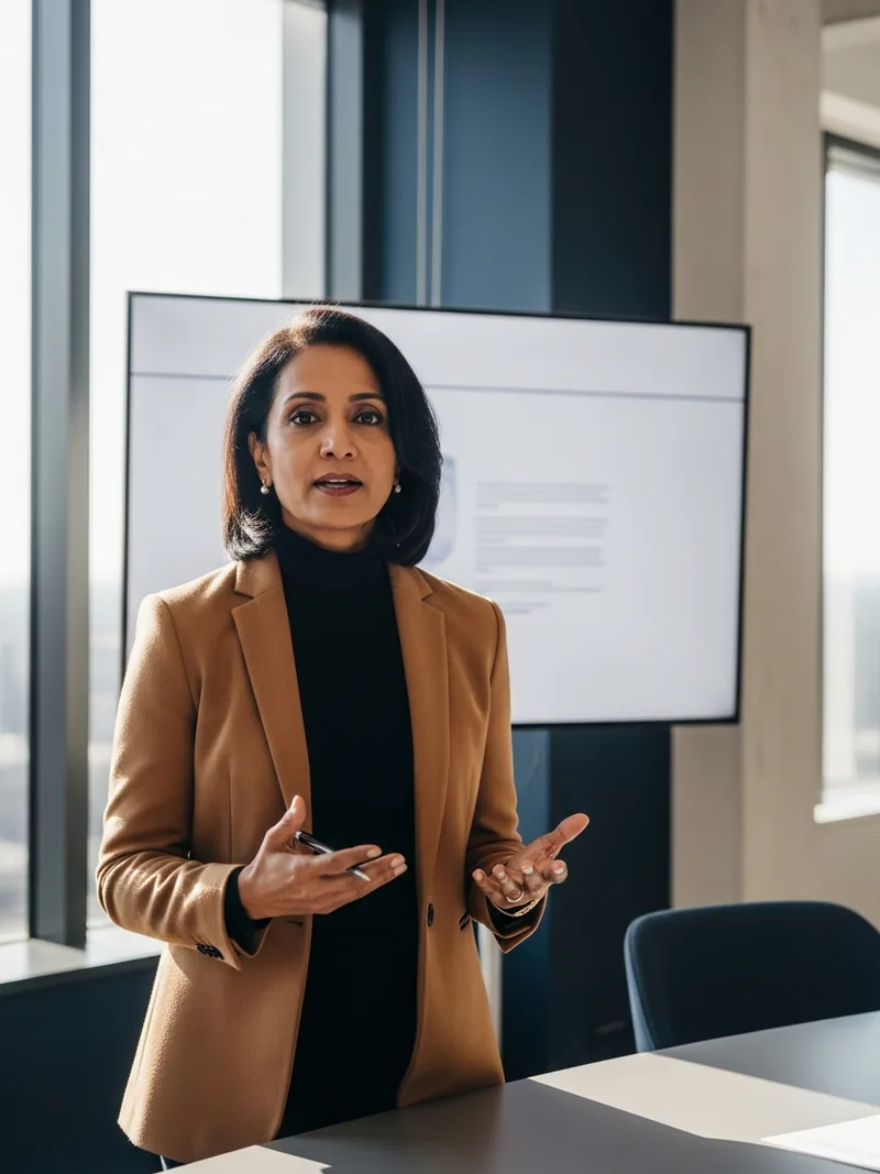 South Asian female executive preparing for a high-stakes board presentation in a coaching session