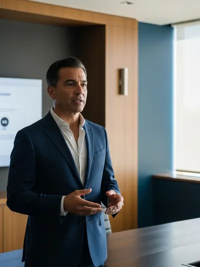 A senior executive rehearses a board presentation at the head of a sleek modern boardroom, body language open and grounded, hands gesturing naturally