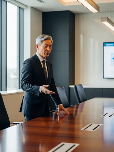 A distinguished senior executive gestures naturally over a real boardroom table during a presentation rehearsal, body language confident and engaged