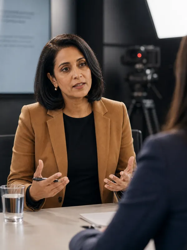 Executive being coached in a media studio before an on-camera interview