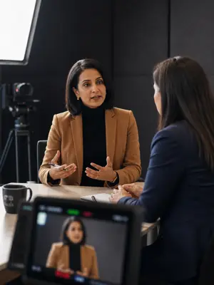 A media coach and executive working through interview answers in a studio
