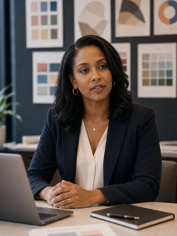 A manager at her desk in front of framed chart prints, closing a conversation with a clear ask