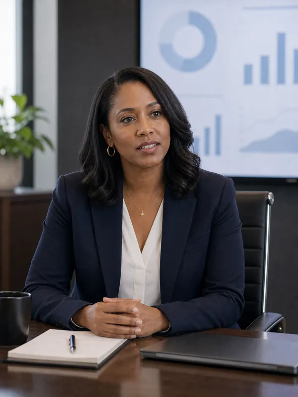 A Black woman executive reviews her leadership session notes on a monitor during a one-on-one executive coaching engagement