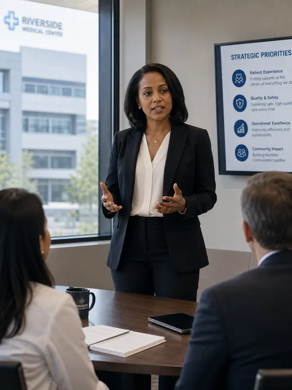 A healthcare executive preparing for a high-pressure leadership presentation