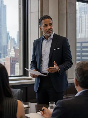 An executive in Manhattan getting ready to speak in a recorded interview
