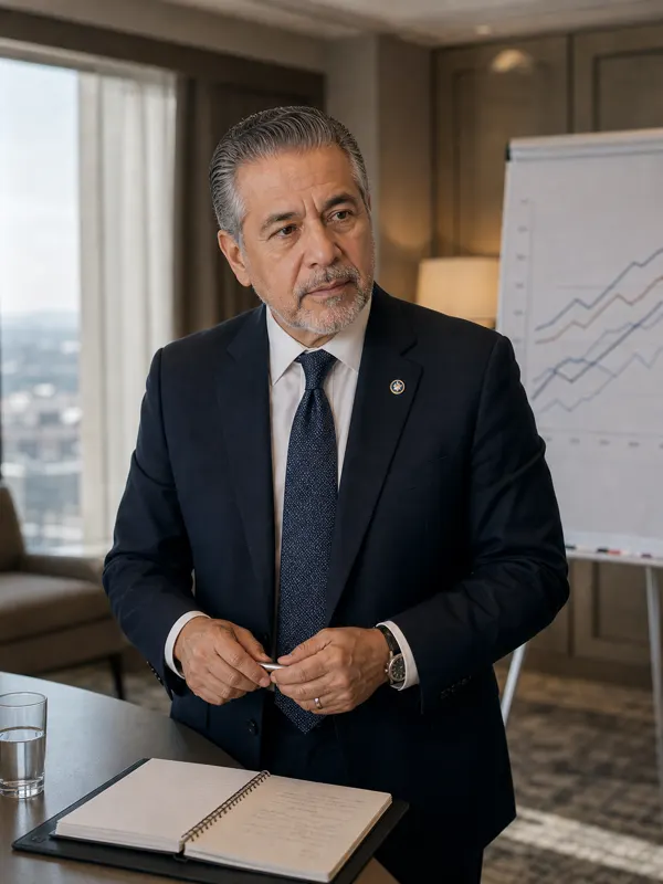 A senior executive standing beside a flip chart of growth lines, deciding what to cut