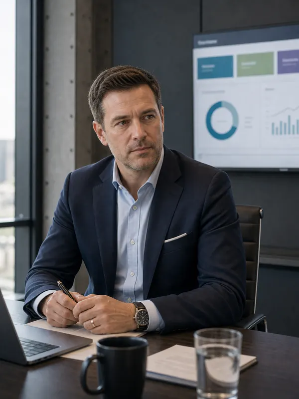 An executive seated at a boardroom table with a KPI dashboard on the monitor behind him