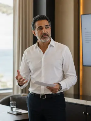 Presenter using storytelling to command a live keynote audience in a hotel ballroom