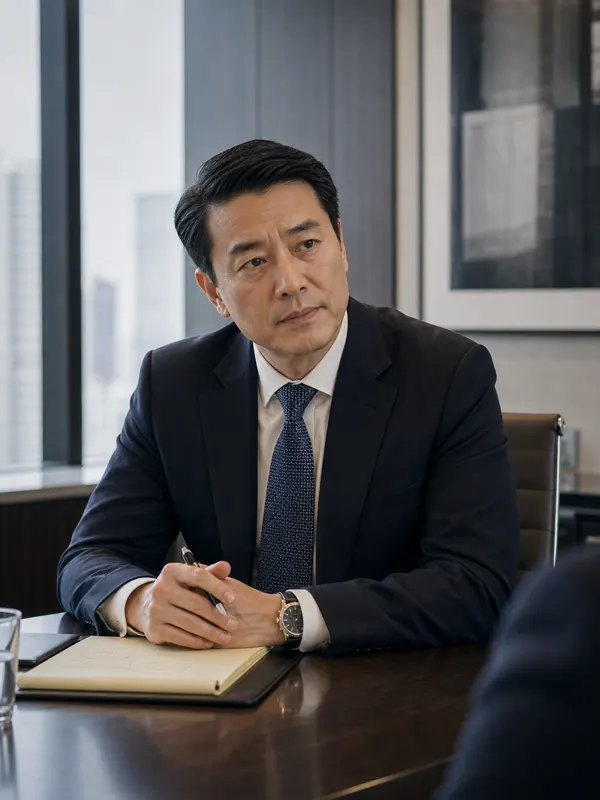 An executive seated at a boardroom table with a notepad, listening rather than presenting