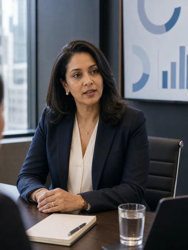 Executive preparing to give a clear, on-camera interview answer