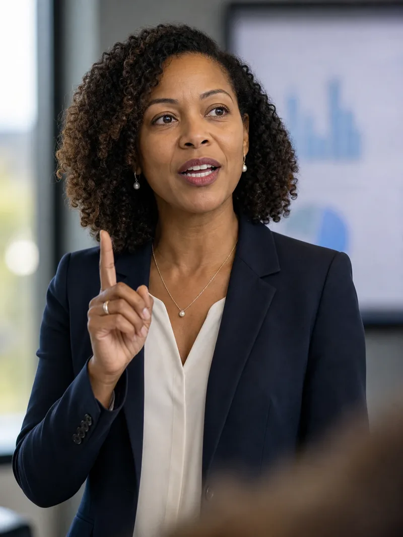 Speaker making a point to a room in a relaxed, conversational way