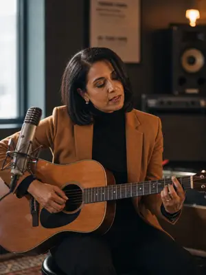Musician with guitar in a studio — the set list method professional performers use applies directly to speakers