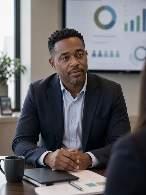 A subject matter expert listening to a question from an interviewer seated across the table