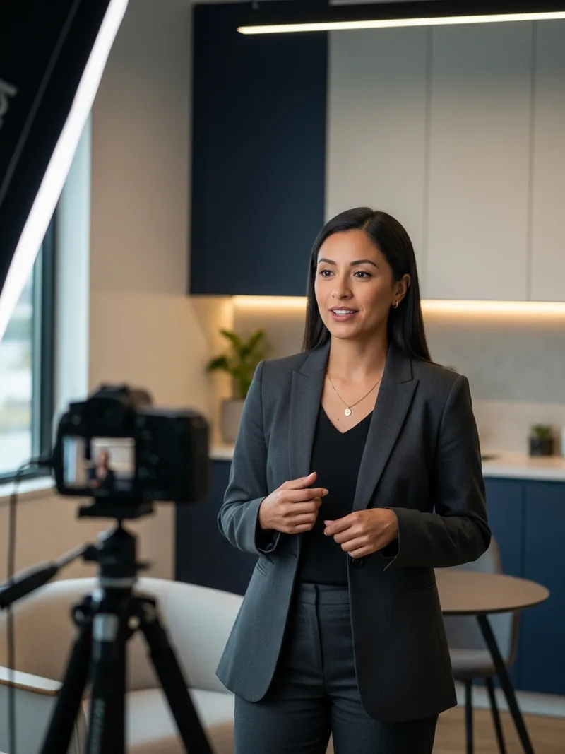 A senior executive practicing on-camera delivery during a Success In Media coaching session, mid-sentence with a confident expression and the camera visible in the foreground