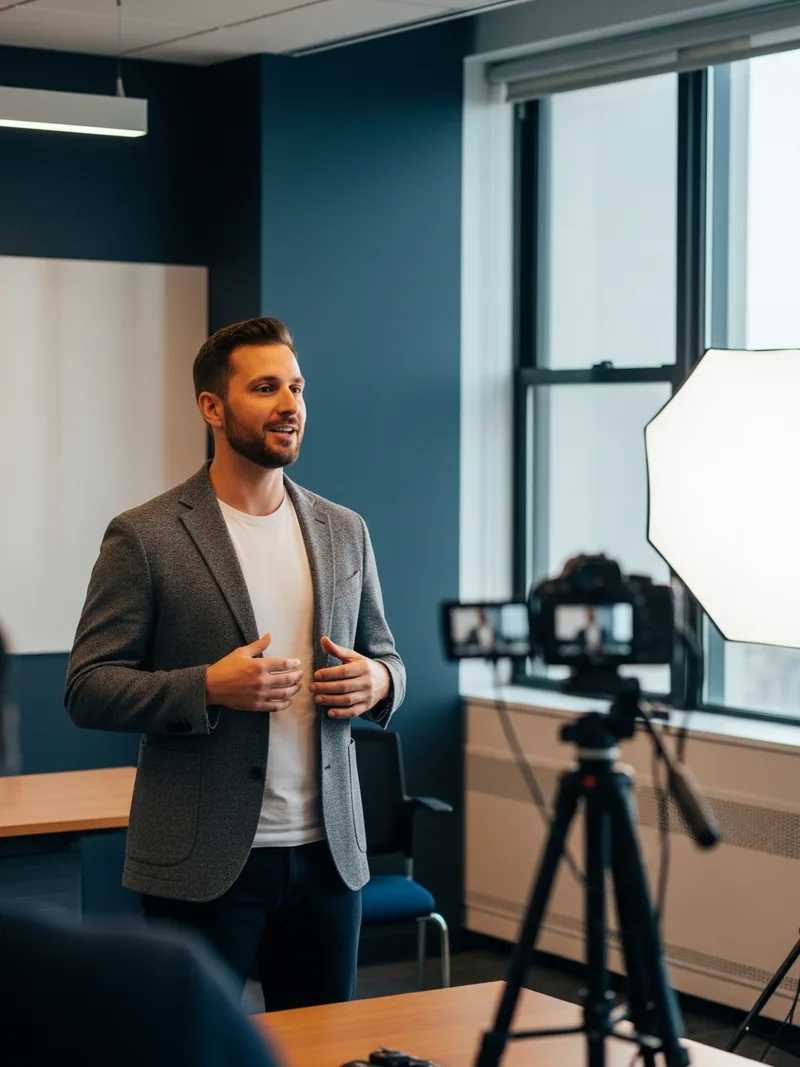 Male executive practicing a speech on camera during a Success in Media coaching session