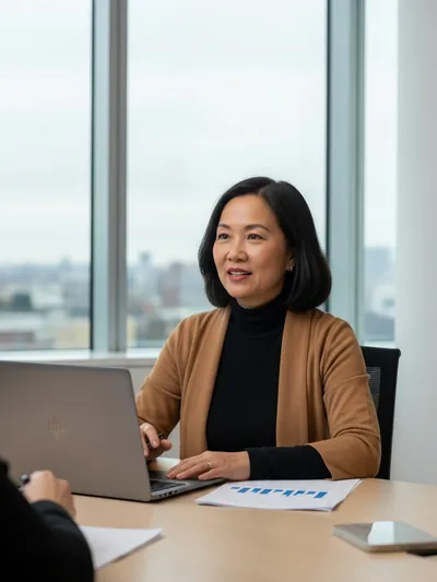 A senior executive captured between takes in a contemplative beat, leaning back in a modern boardroom chair, processing what just happened in the rep