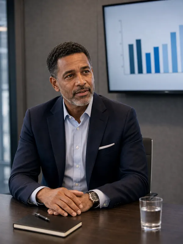 A confident sales presenter standing beside a chart on screen, running a conversation with the room instead of reading slides