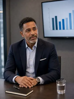 Executive presenting data on a chart screen during a business presentation